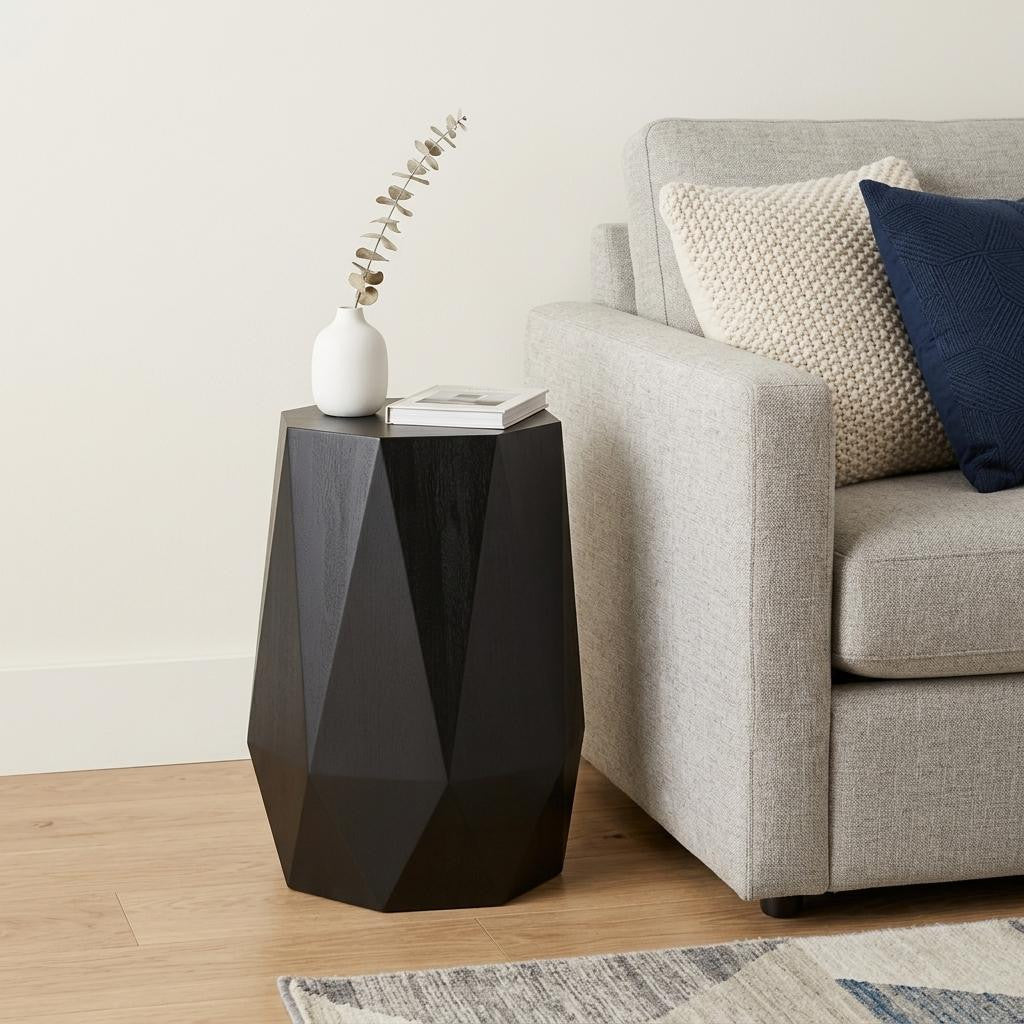 21" Matte Black Solid Wood Octagonal Block End Table