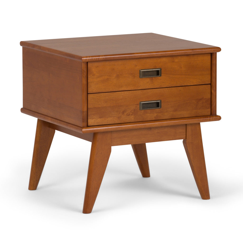 22" Varnished Brown Wood End Table With Two Drawers