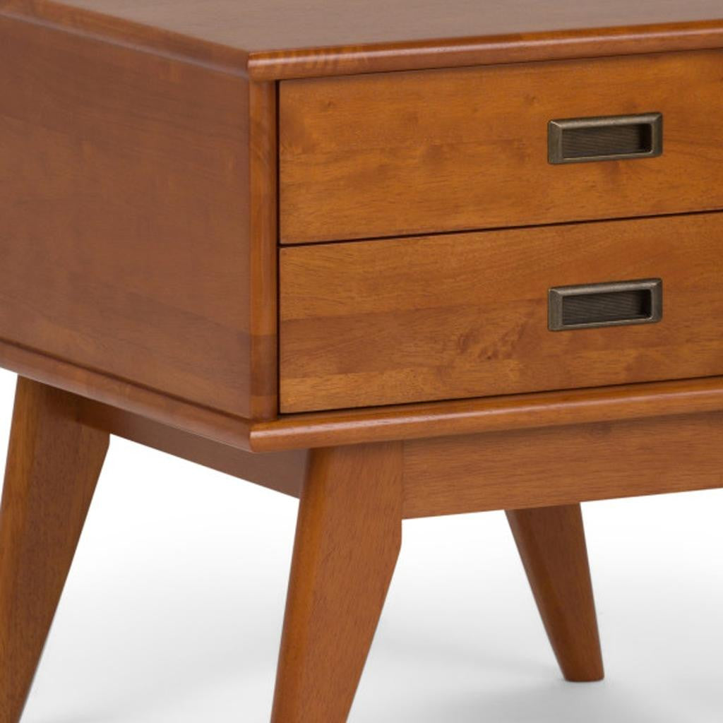 22" Varnished Brown Wood End Table With Two Drawers
