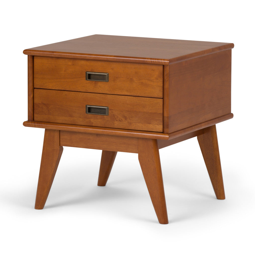 22" Varnished Brown Wood End Table With Two Drawers