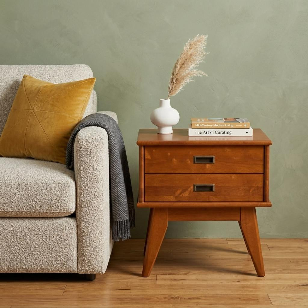 22" Varnished Brown Wood End Table With Two Drawers