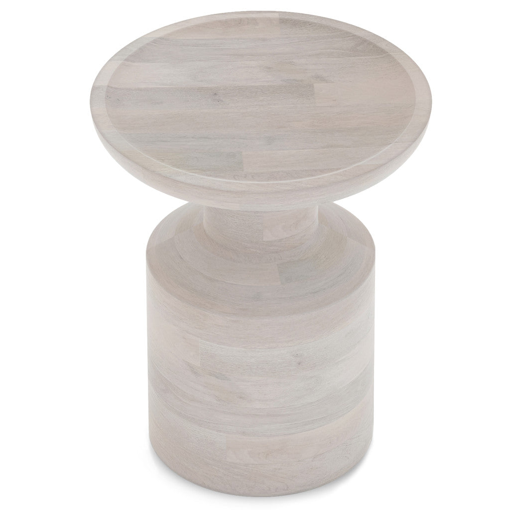 18" Washed White Distressed Solid Wood Round Drum End Table