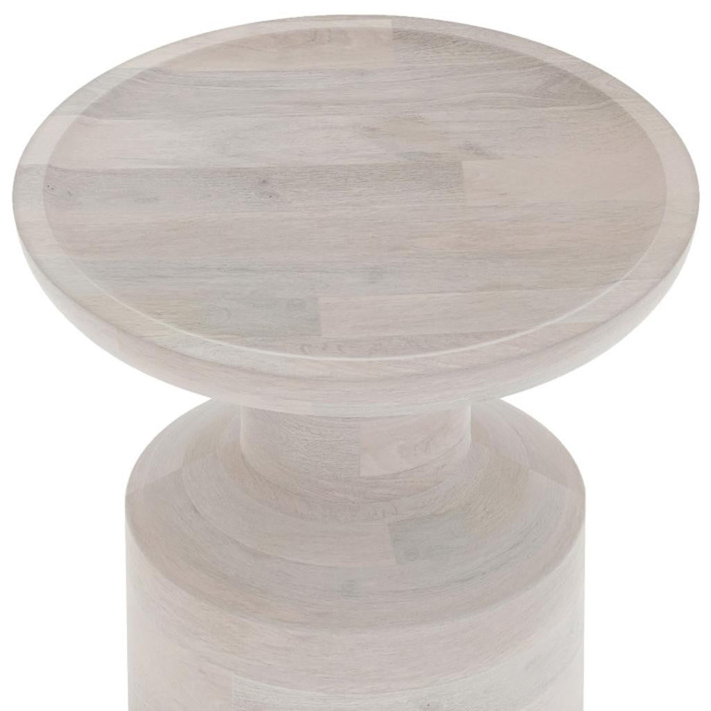 18" Washed White Distressed Solid Wood Round Drum End Table