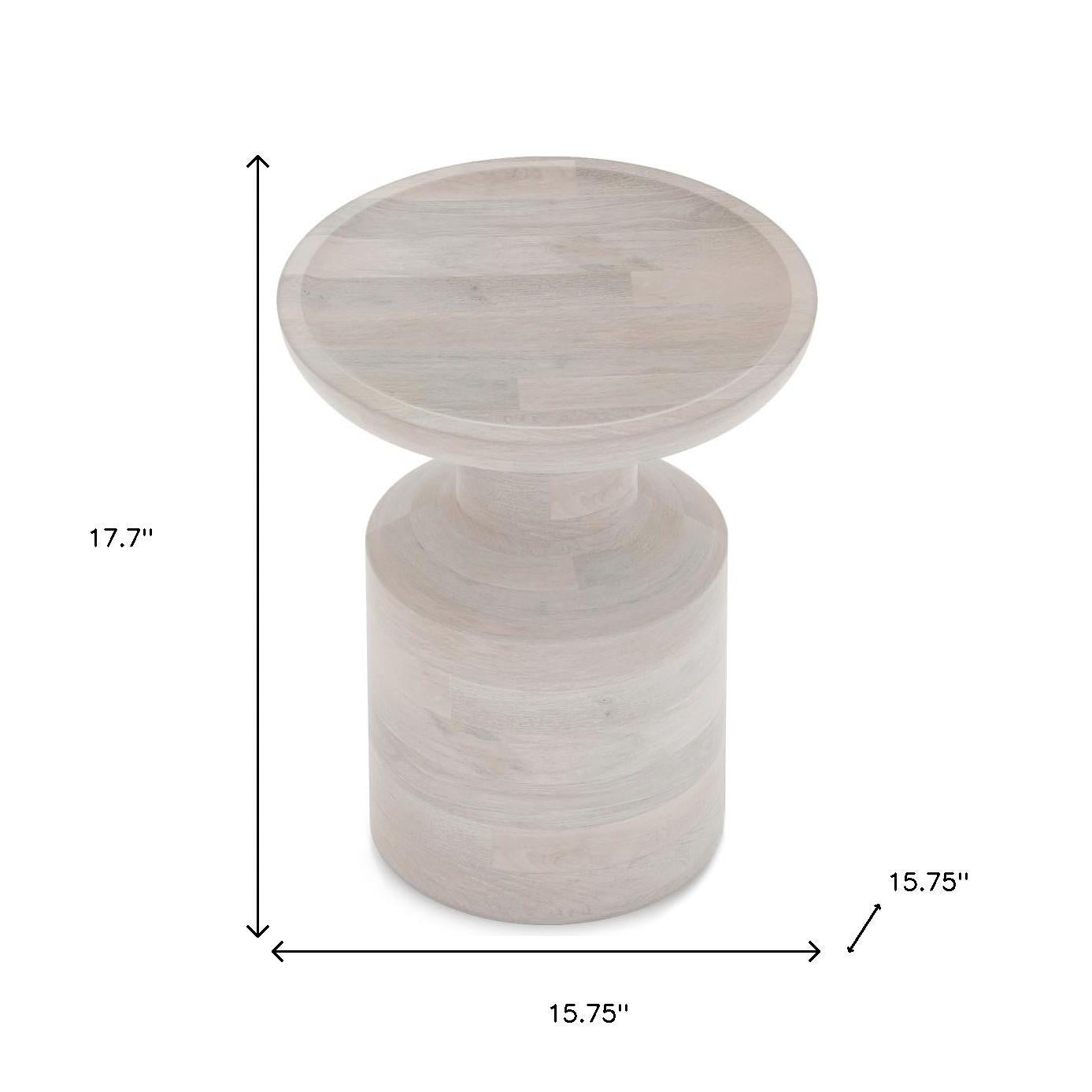 18" Washed White Distressed Solid Wood Round Drum End Table