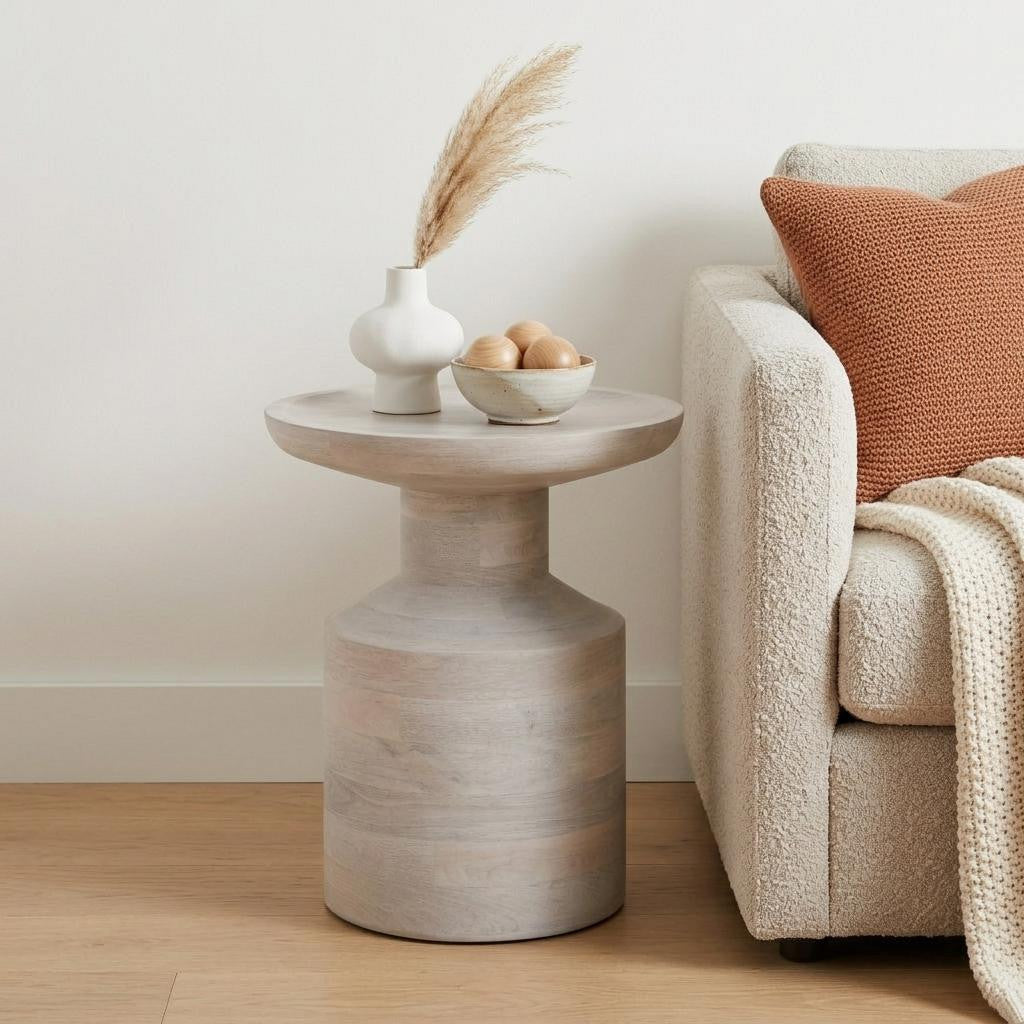 18" Washed White Distressed Solid Wood Round Drum End Table