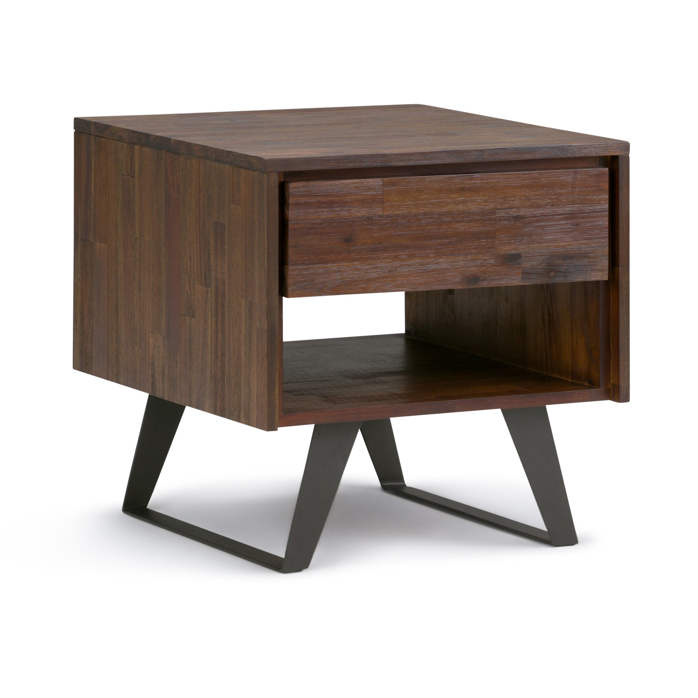 22" Varnished Brown Distressed Solid Wood and Iron Square Sled End Table With Drawer And Shelf