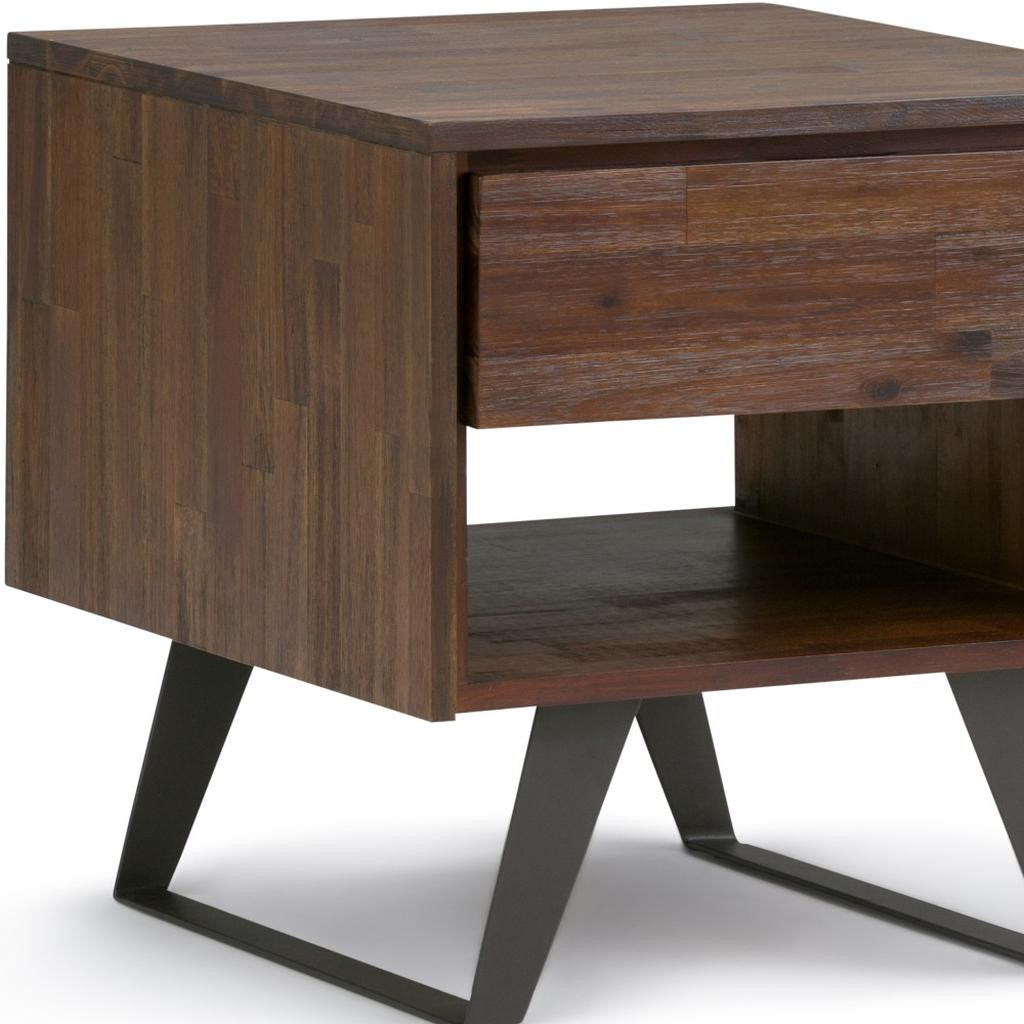 22" Varnished Brown Distressed Solid Wood and Iron Square Sled End Table With Drawer And Shelf