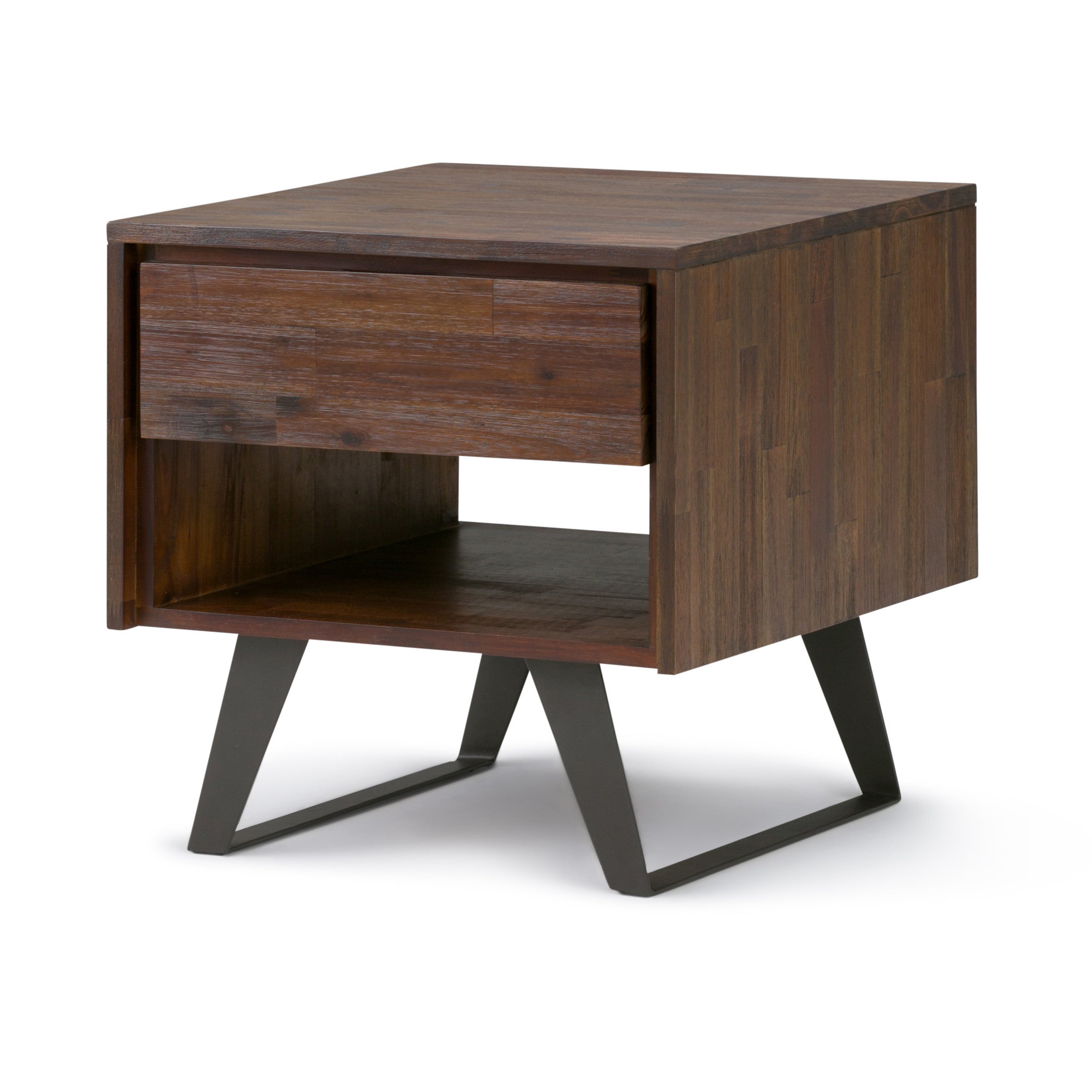 22" Varnished Brown Distressed Solid Wood and Iron Square Sled End Table With Drawer And Shelf