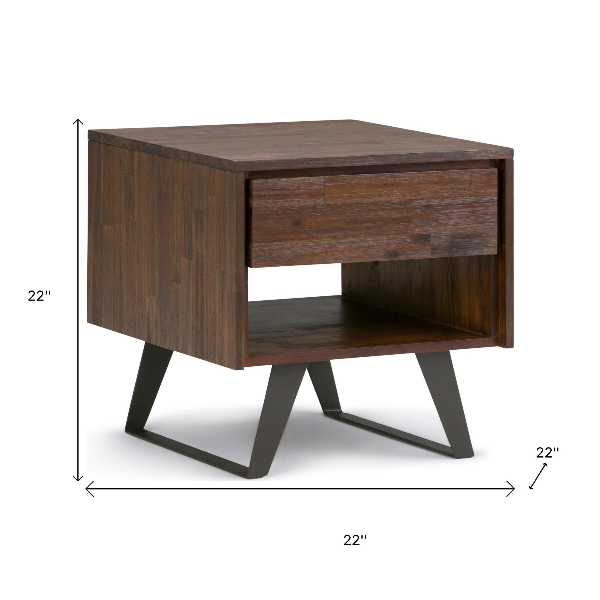 22" Varnished Brown Distressed Solid Wood and Iron Square Sled End Table With Drawer And Shelf