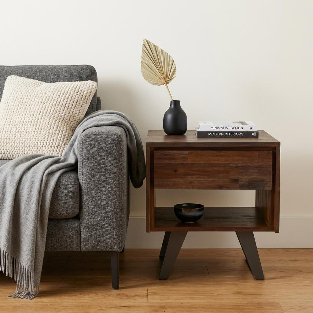 22" Varnished Brown Distressed Solid Wood and Iron Square Sled End Table With Drawer And Shelf