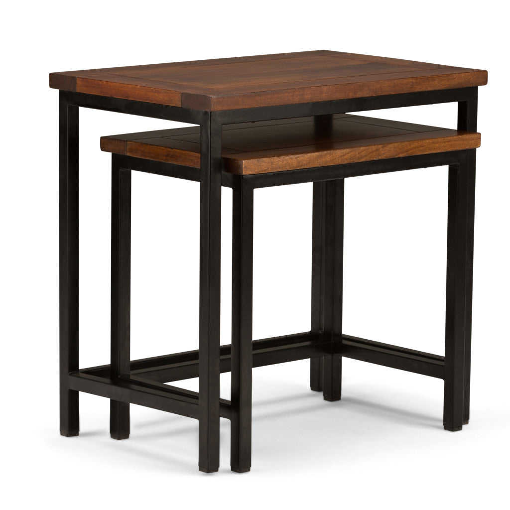 Set of Two Matte Dark Brown and Black Solid Wood and Steel Nested Tables