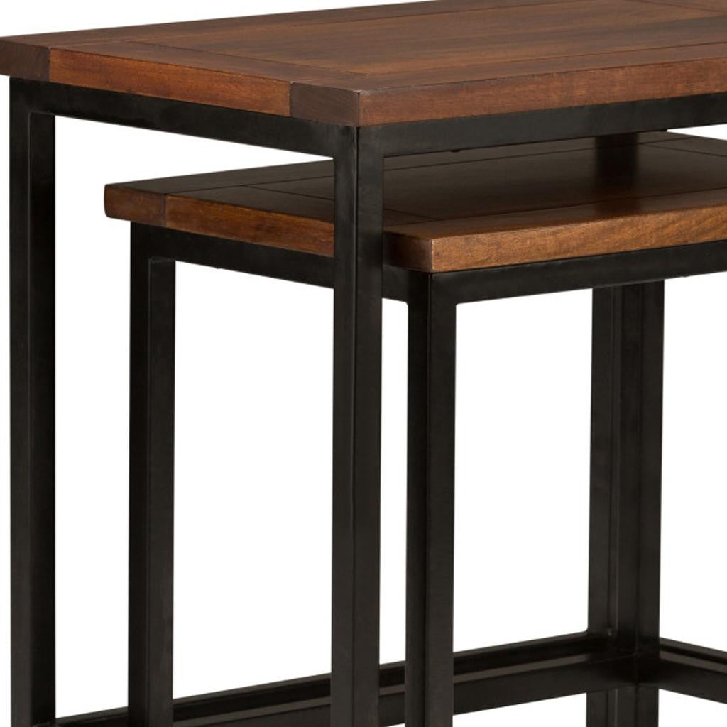 Set of Two Matte Dark Brown and Black Solid Wood and Steel Nested Tables