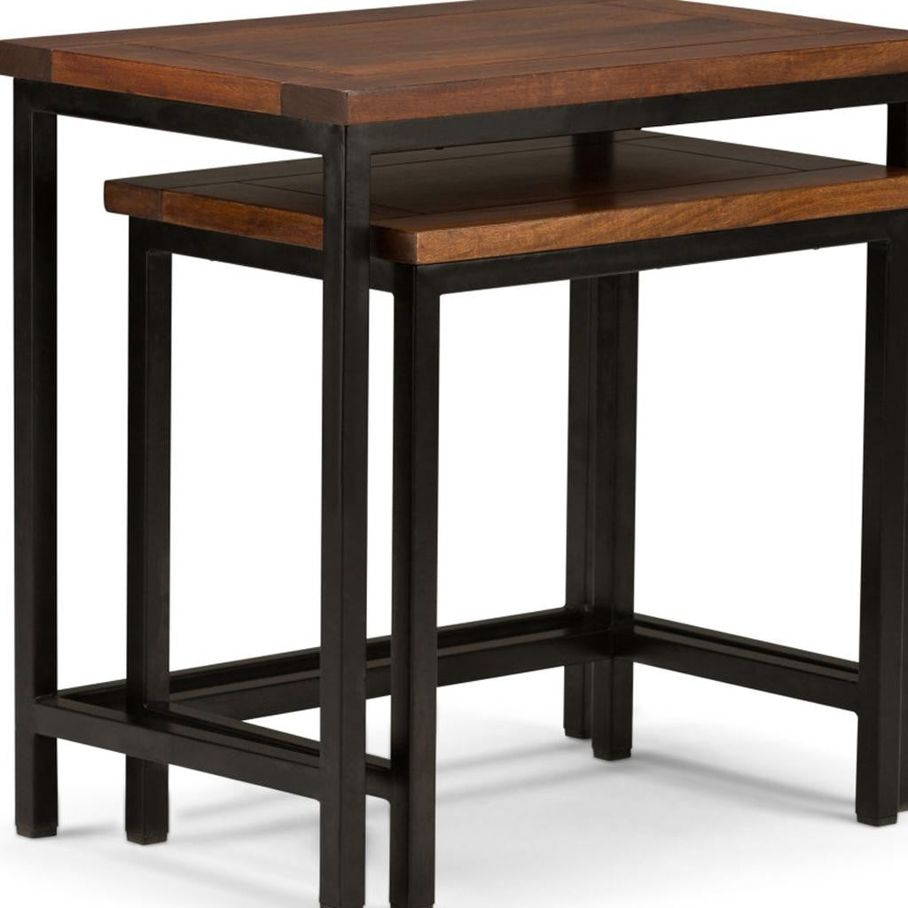 Set of Two Matte Dark Brown and Black Solid Wood and Steel Nested Tables