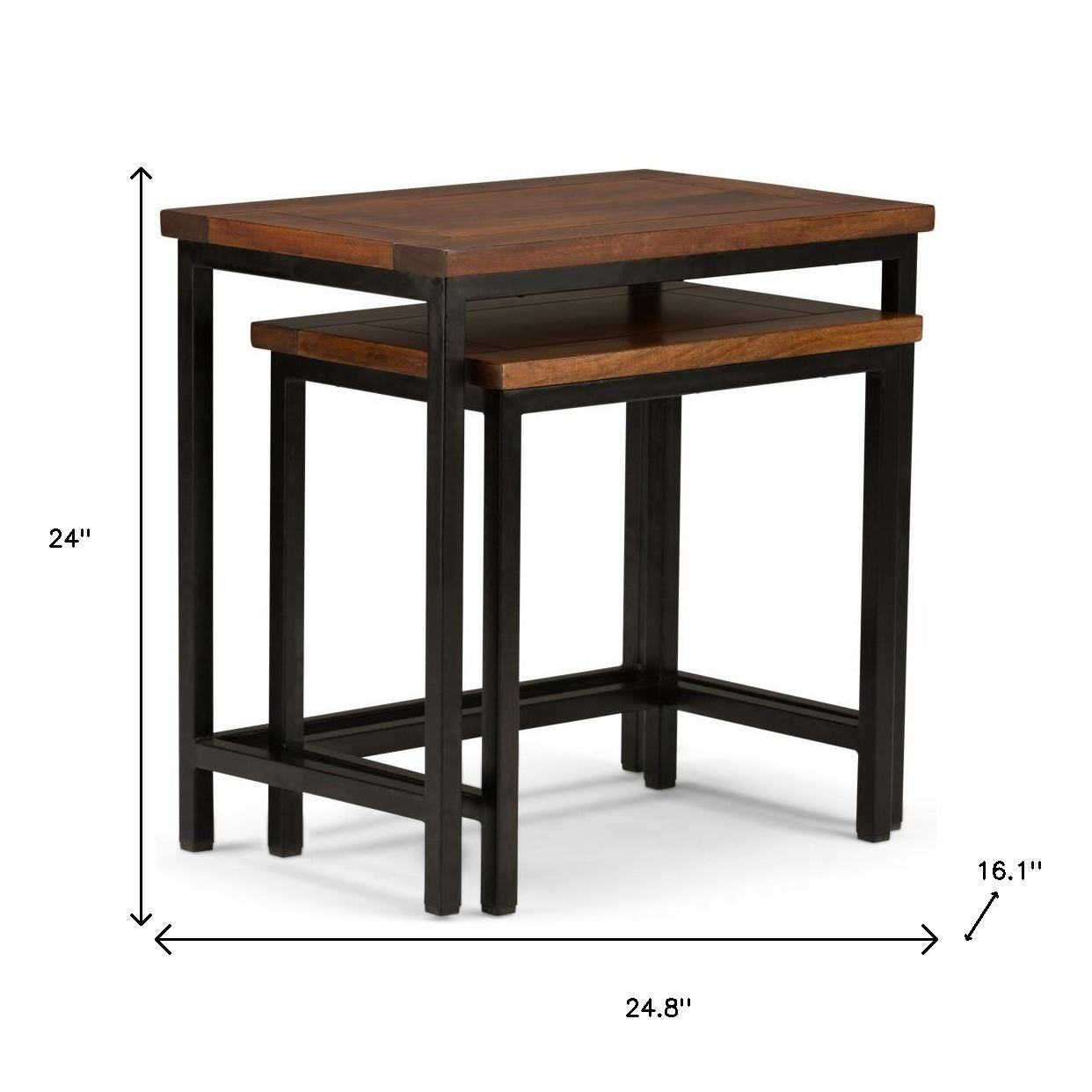 Set of Two Matte Dark Brown and Black Solid Wood and Steel Nested Tables