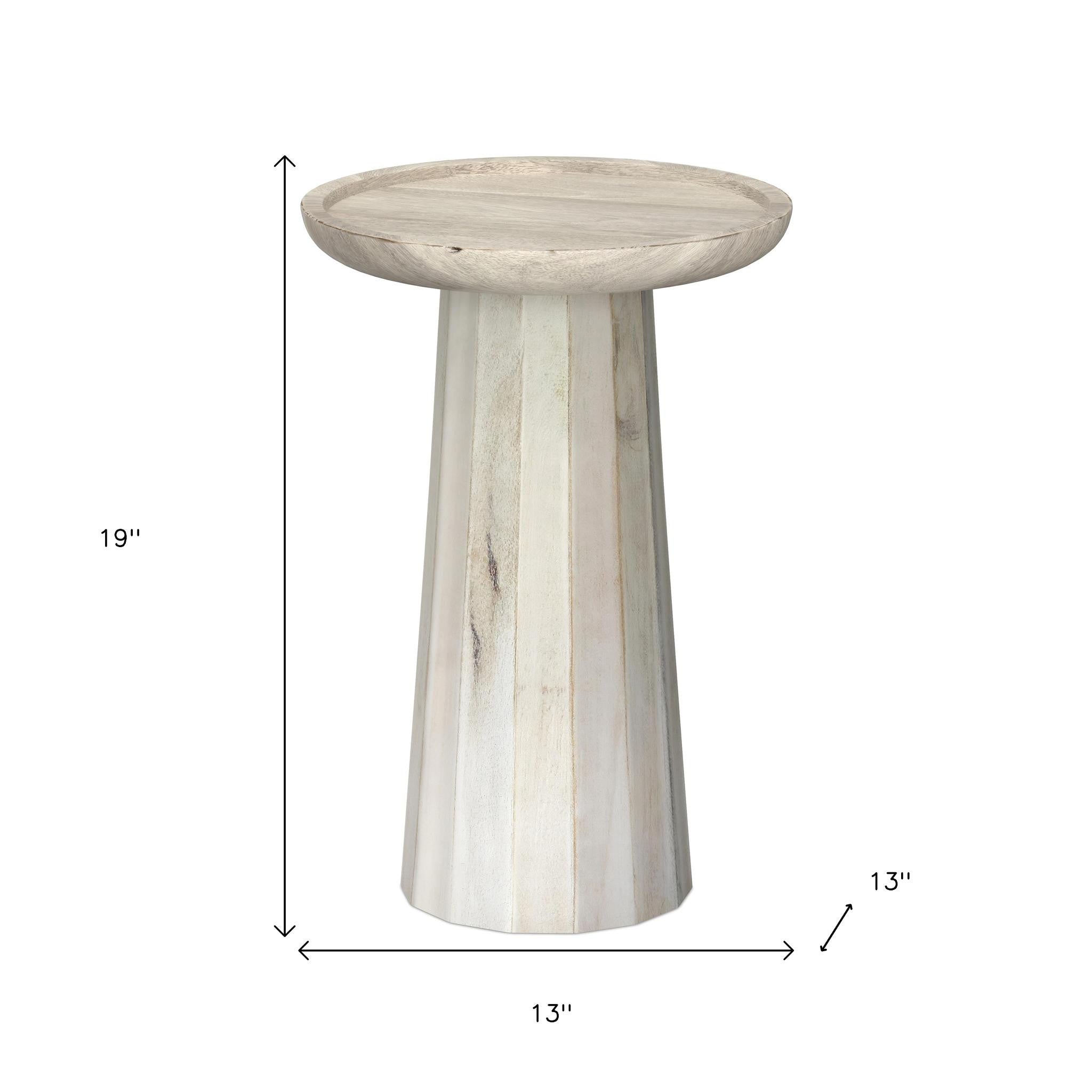 19" Washed Natural and White Distressed Solid Wood Round Pedestal End Table