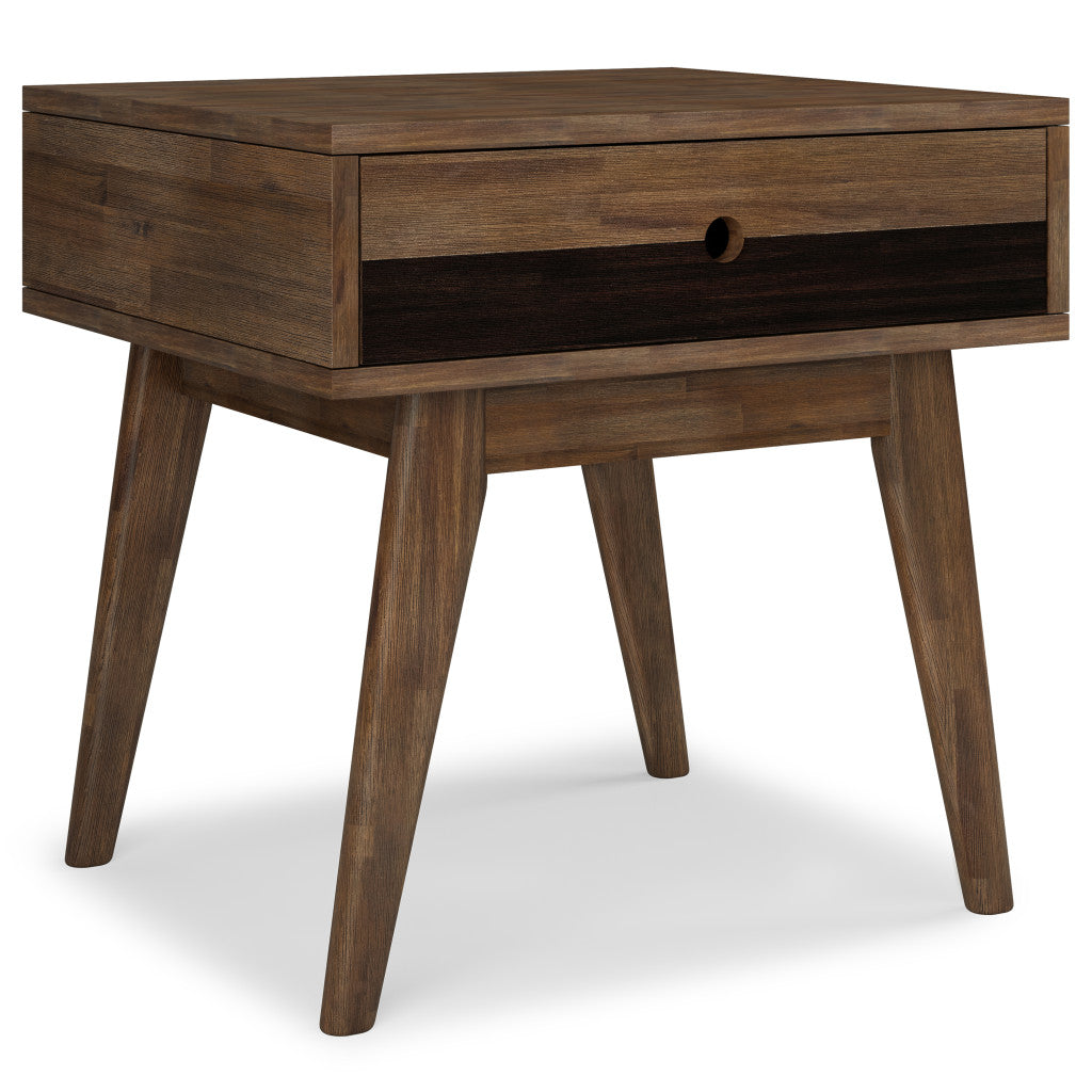 22" Varnished Brown Solid Wood End Table With Drawer
