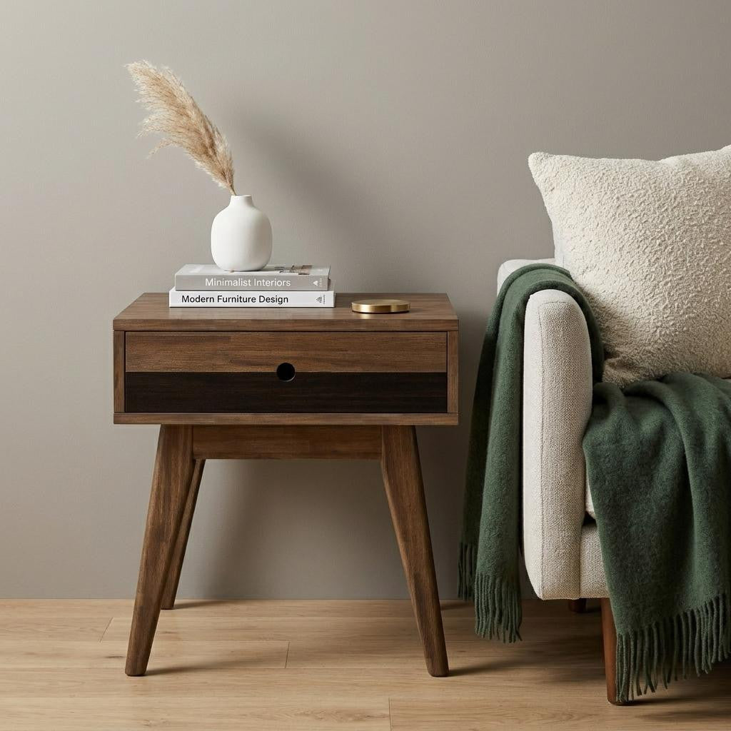 22" Varnished Brown Solid Wood End Table With Drawer