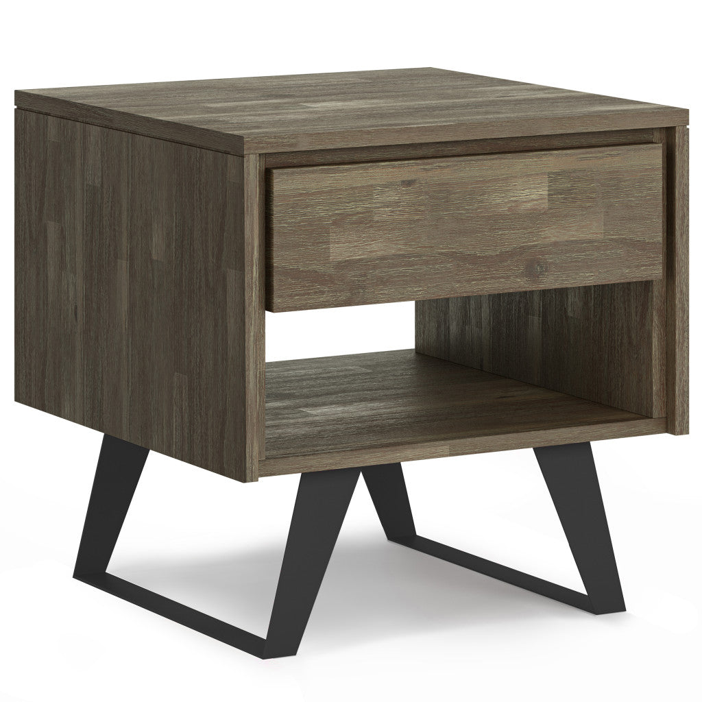 22" Varnished Gray Distressed Solid Wood and Iron Square Sled End Table With Drawer And Shelf
