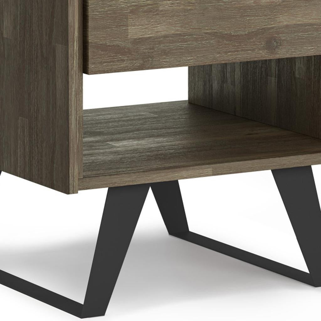 22" Varnished Gray Distressed Solid Wood and Iron Square Sled End Table With Drawer And Shelf