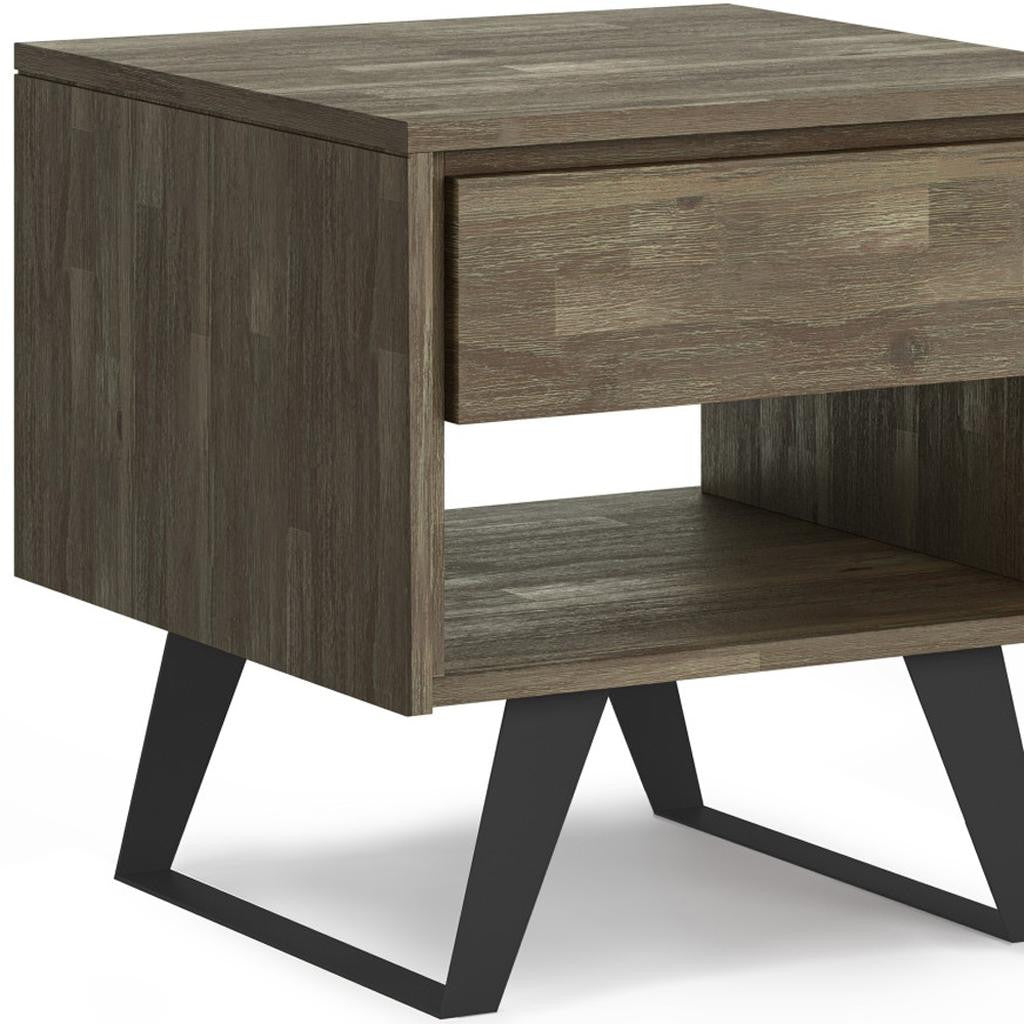 22" Varnished Gray Distressed Solid Wood and Iron Square Sled End Table With Drawer And Shelf