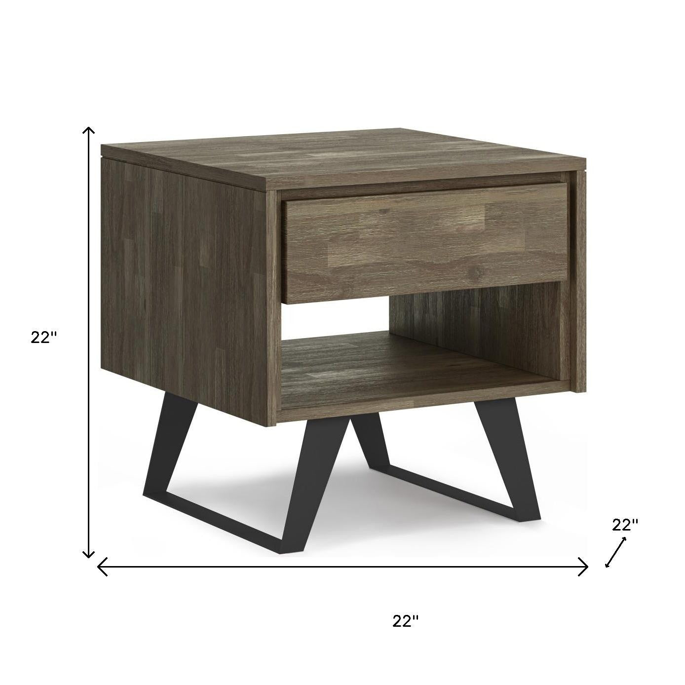 22" Varnished Gray Distressed Solid Wood and Iron Square Sled End Table With Drawer And Shelf