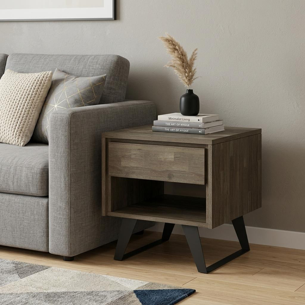 22" Varnished Gray Distressed Solid Wood and Iron Square Sled End Table With Drawer And Shelf