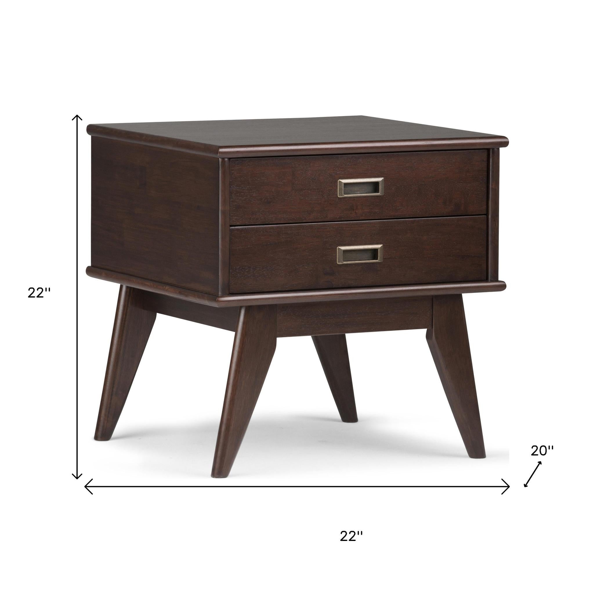 22" Matte Brown Solid Wood End Table With Two Drawers