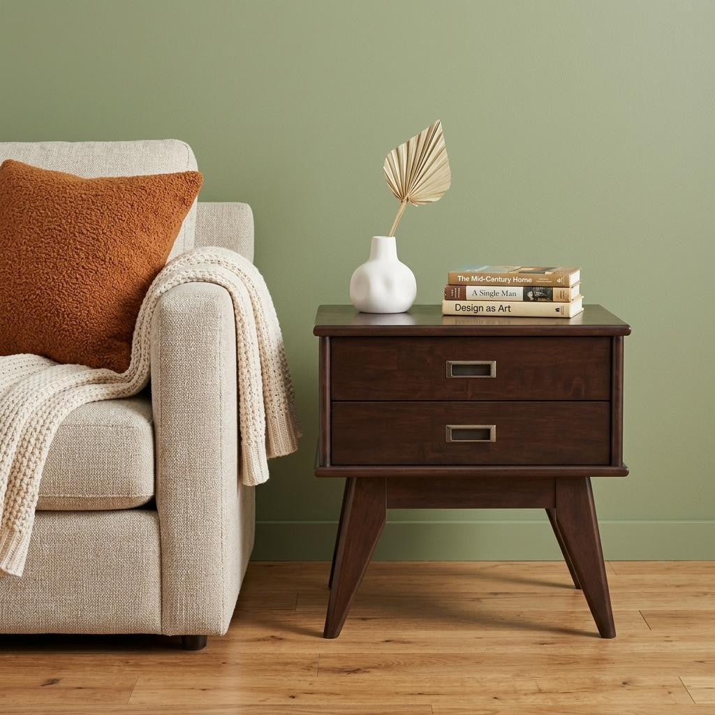 22" Matte Brown Solid Wood End Table With Two Drawers