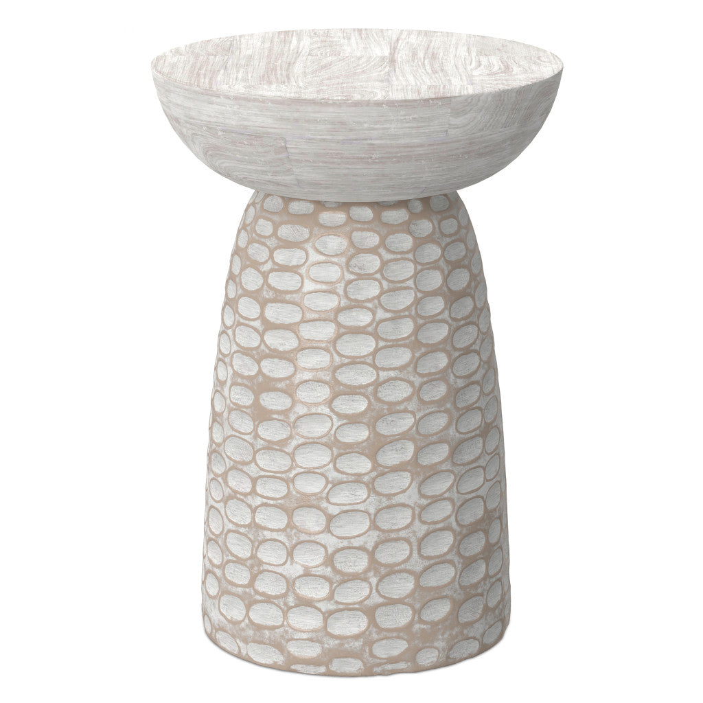18" Washed Natural and White Distressed Solid Wood Round Pedestal End Table