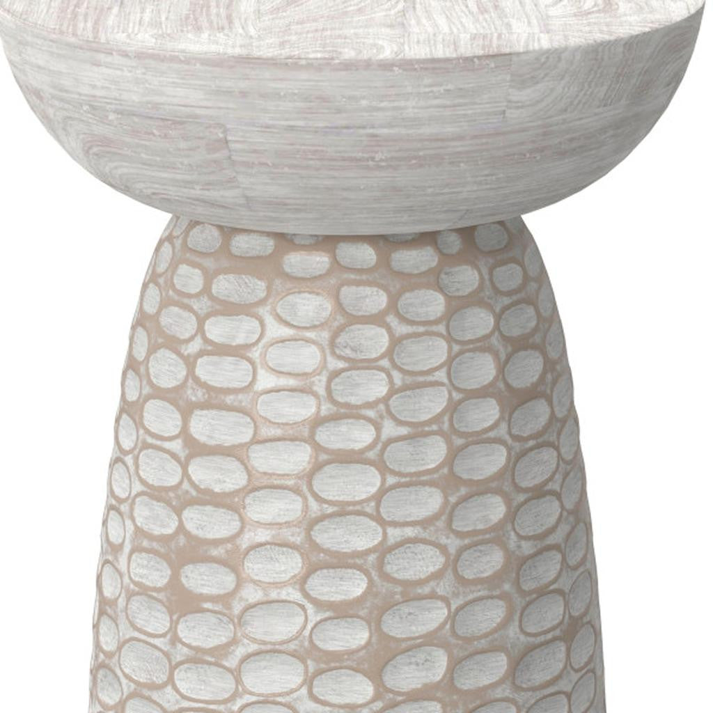 18" Washed Natural and White Distressed Solid Wood Round Pedestal End Table