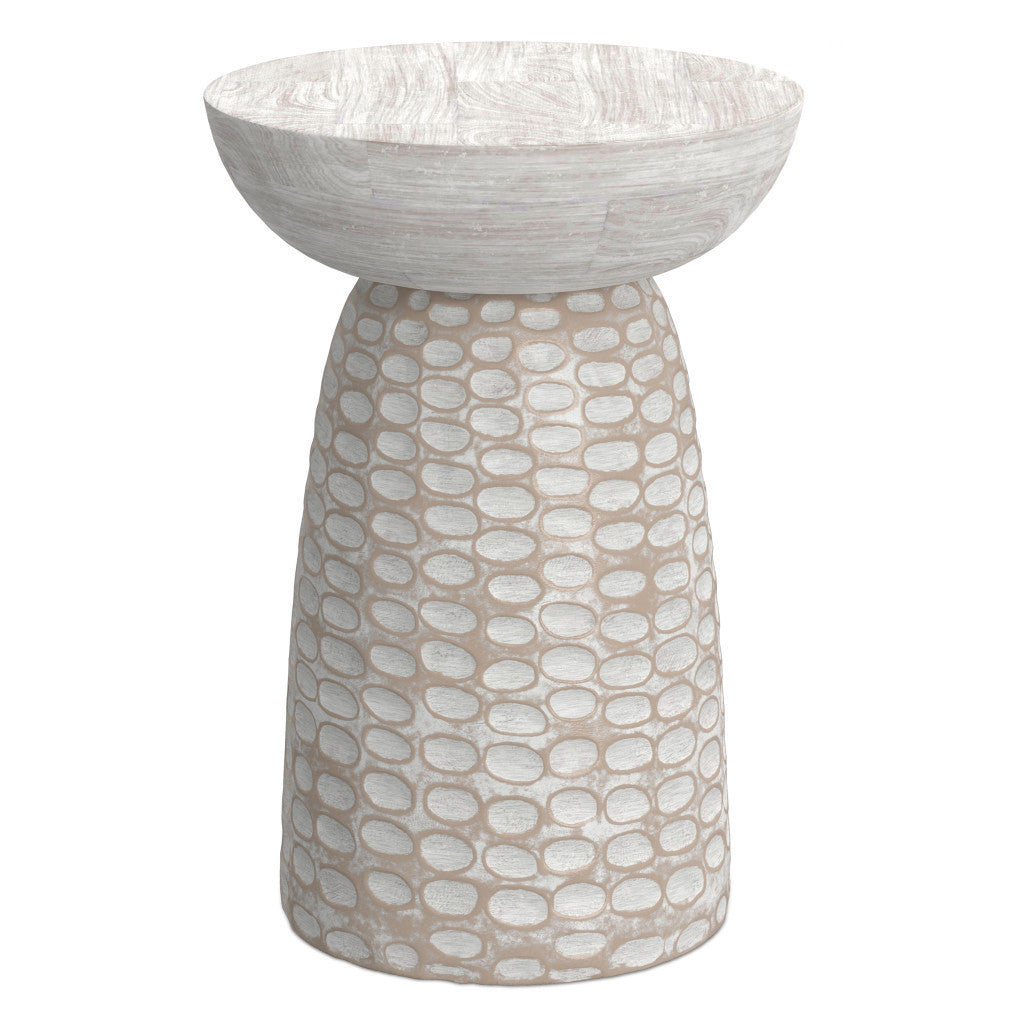 18" Washed Natural and White Distressed Solid Wood Round Pedestal End Table