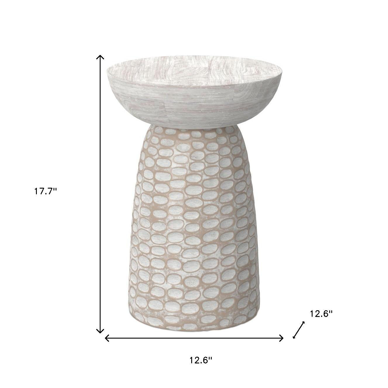 18" Washed Natural and White Distressed Solid Wood Round Pedestal End Table