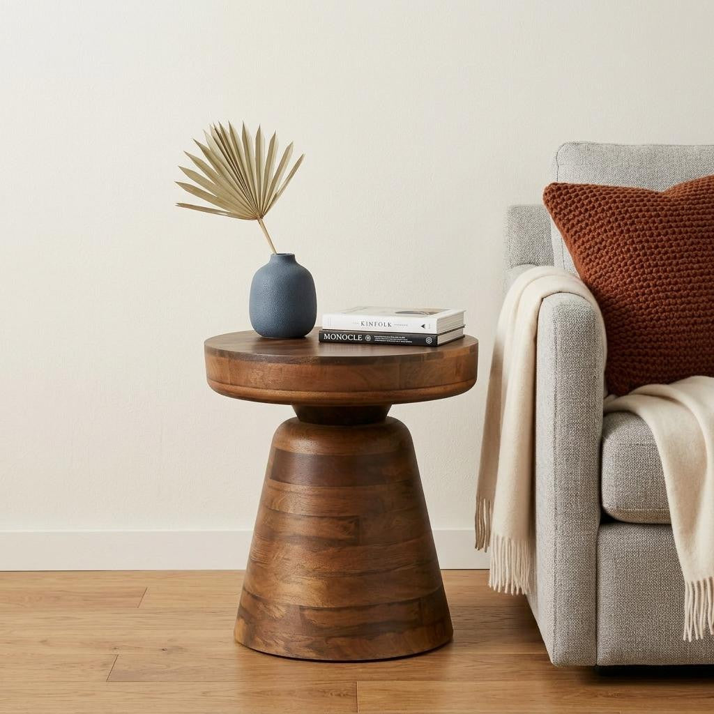 18" Distressed Walnut Distressed Solid Wood Round Pedestal End Table