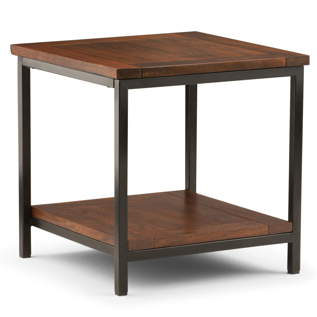 22" Matte Dark Brown and Black Solid Wood and Steel Square End Table With Shelf