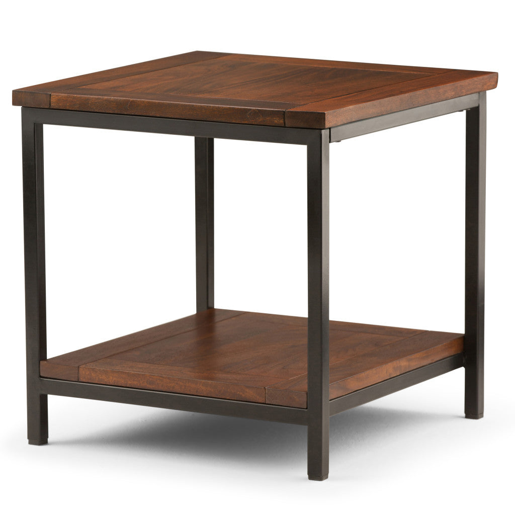 22" Matte Dark Brown and Black Solid Wood and Steel Square End Table With Shelf