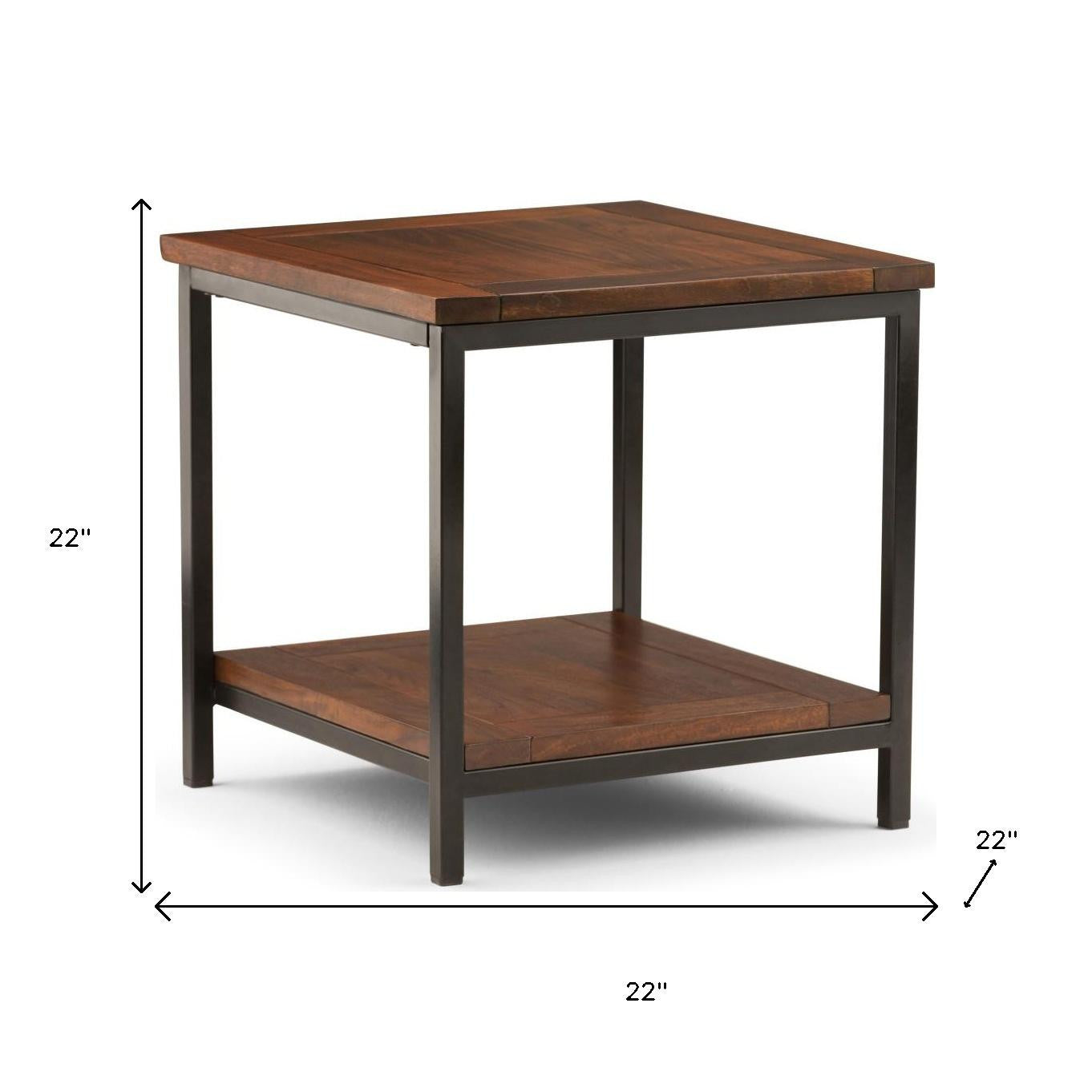 22" Matte Dark Brown and Black Solid Wood and Steel Square End Table With Shelf