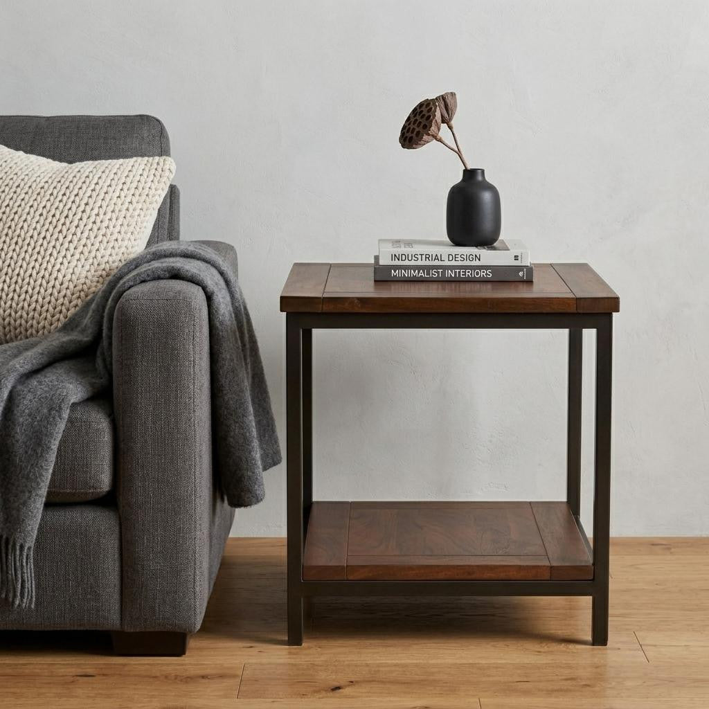 22" Matte Dark Brown and Black Solid Wood and Steel Square End Table With Shelf