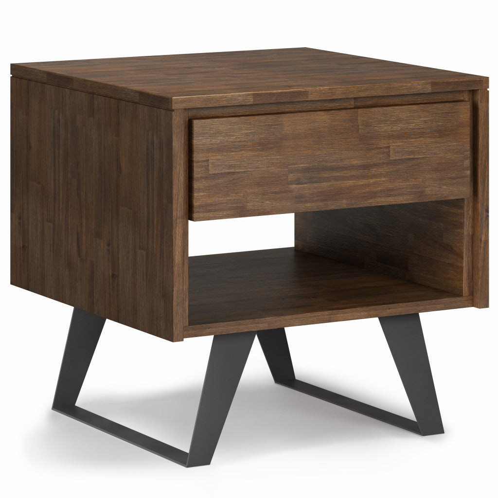 22" Matte Brown and Black Solid Wood and Iron Square Sled End Table With Drawer And Shelf