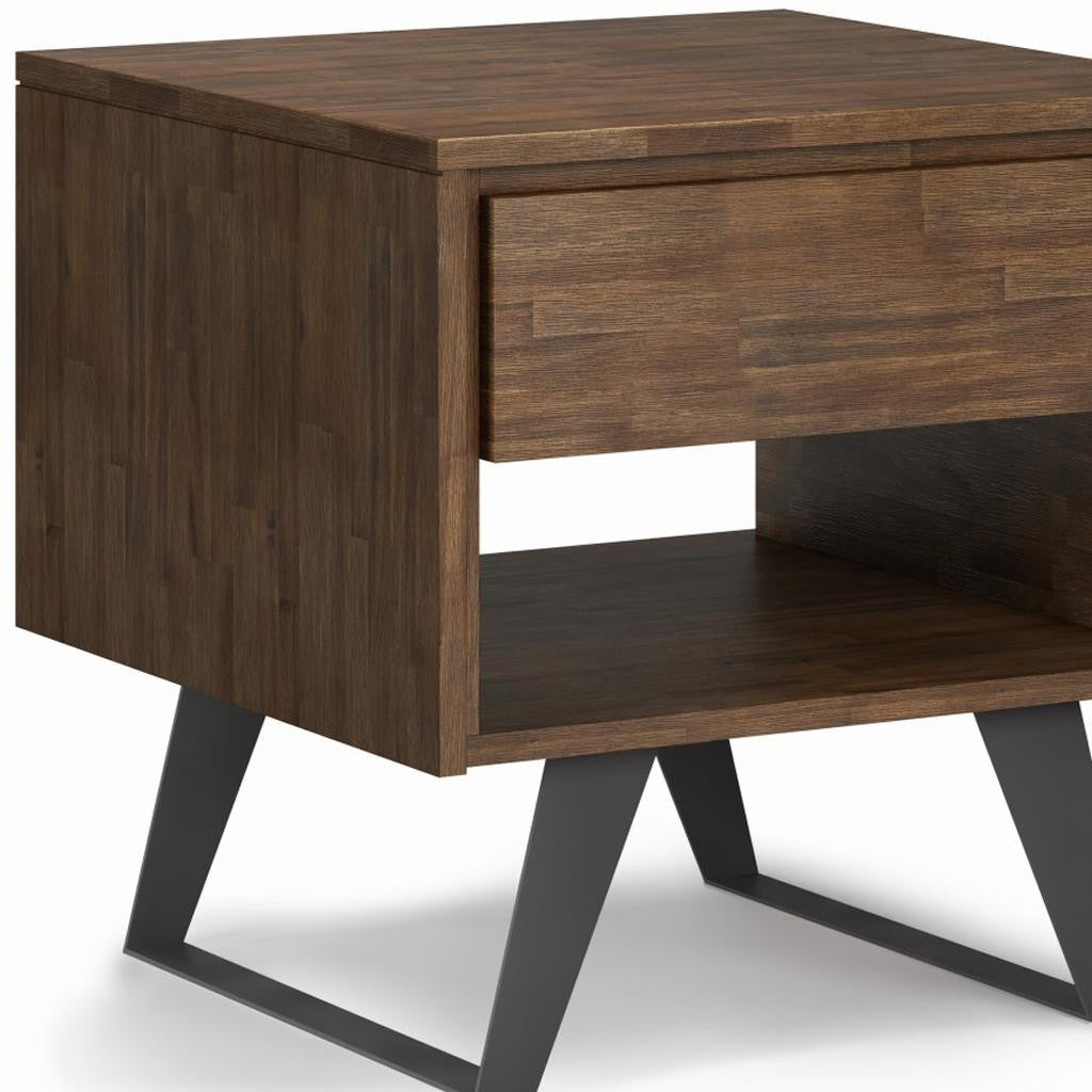 22" Matte Brown and Black Solid Wood and Iron Square Sled End Table With Drawer And Shelf