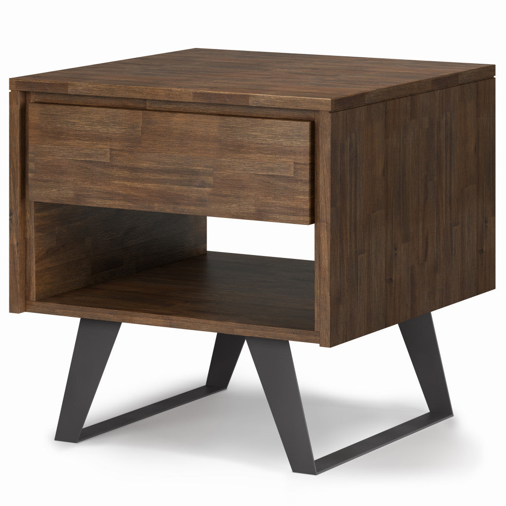 22" Matte Brown and Black Solid Wood and Iron Square Sled End Table With Drawer And Shelf