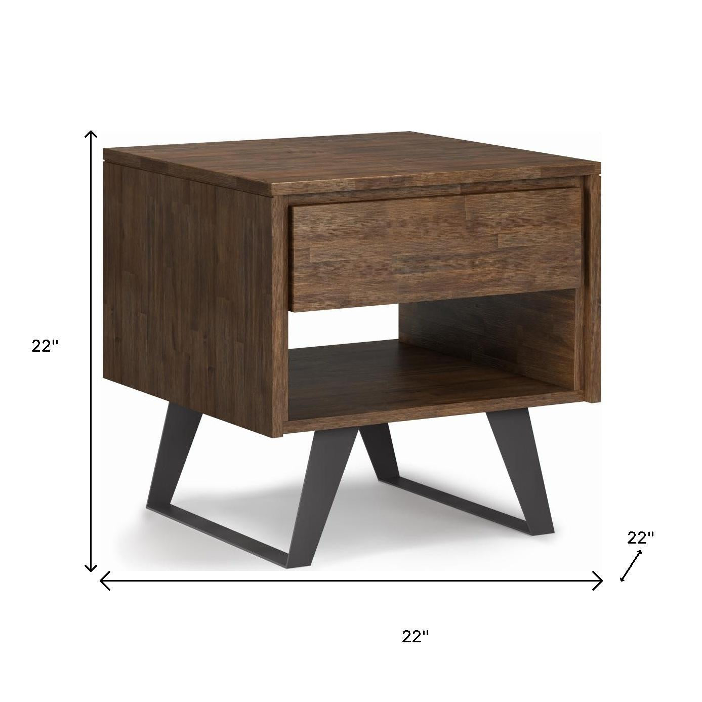 22" Matte Brown and Black Solid Wood and Iron Square Sled End Table With Drawer And Shelf