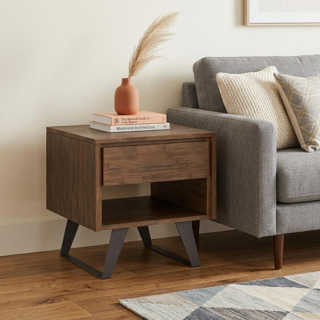 22" Matte Brown and Black Solid Wood and Iron Square Sled End Table With Drawer And Shelf