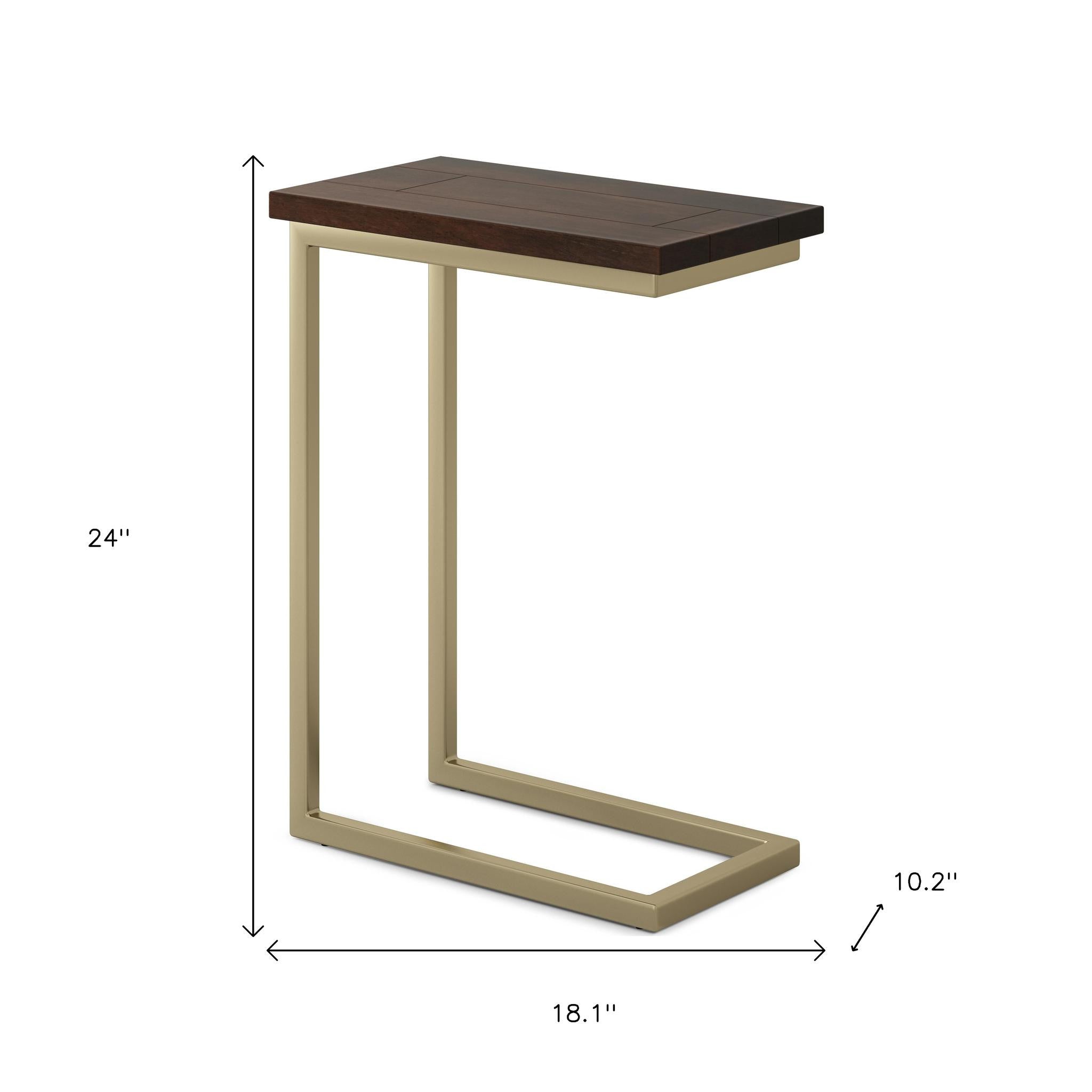 24" Glossy Dark Brown and Gold Solid Wood and Iron End Table