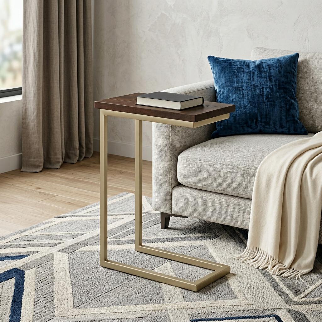 24" Glossy Dark Brown and Gold Solid Wood and Iron End Table