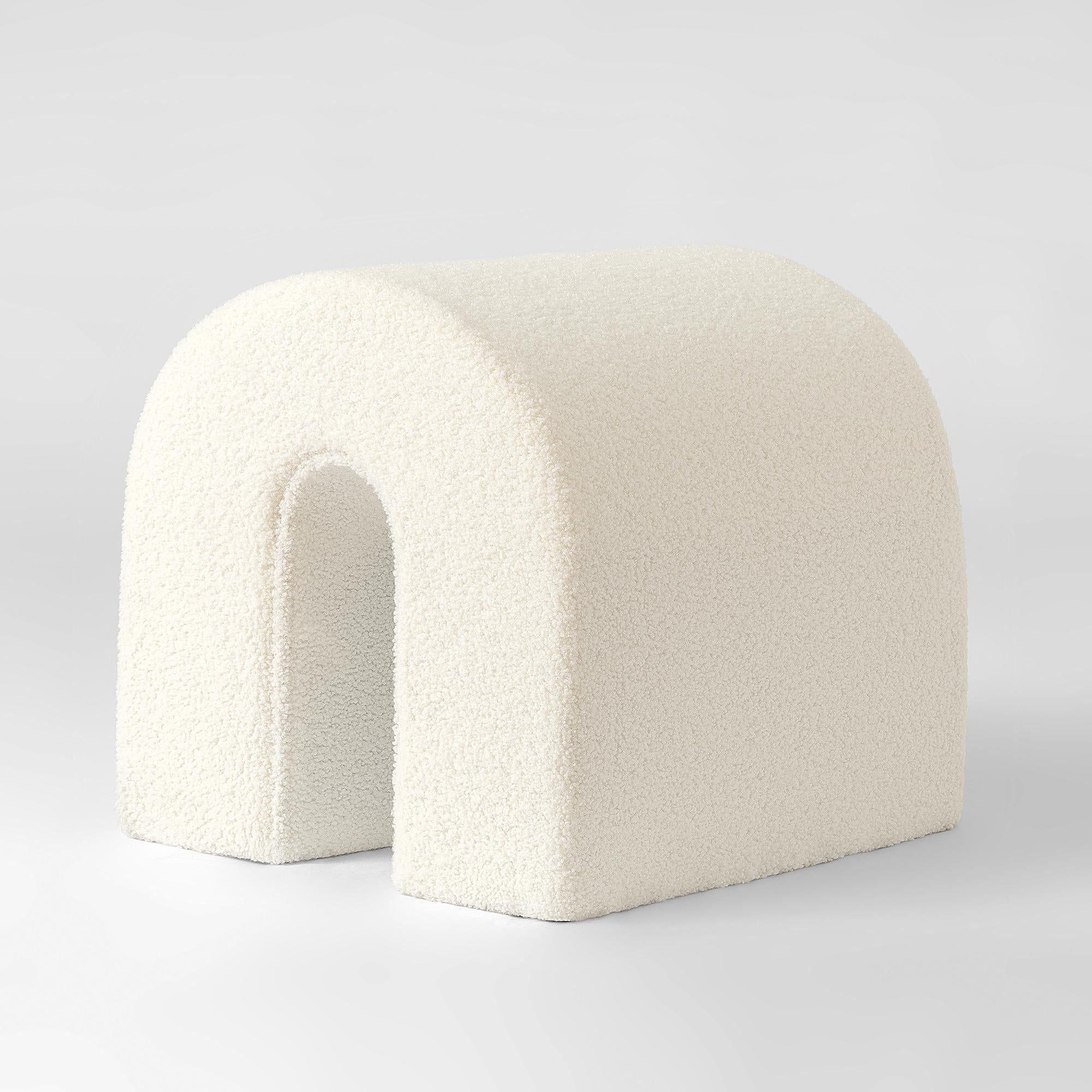 17" White Boucle Oval Footstool Ottoman