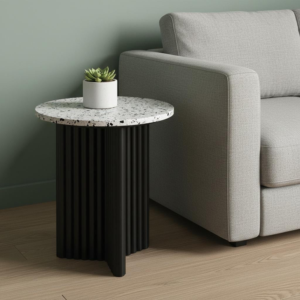 23" White and Black Faux Terrazzo and Wood Round Pedestal End Table