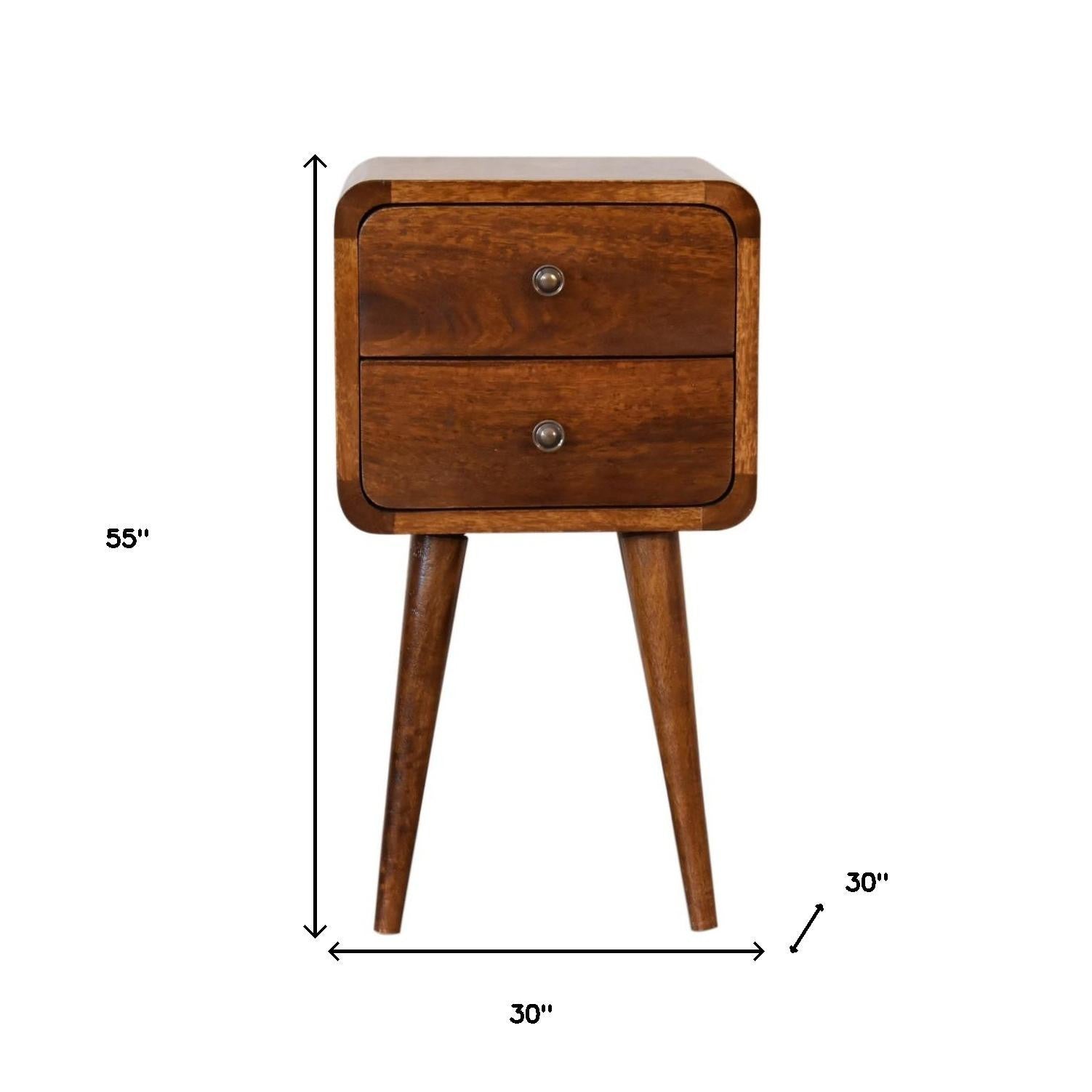22" Brown Solid Wood Two Drawer Nightstand