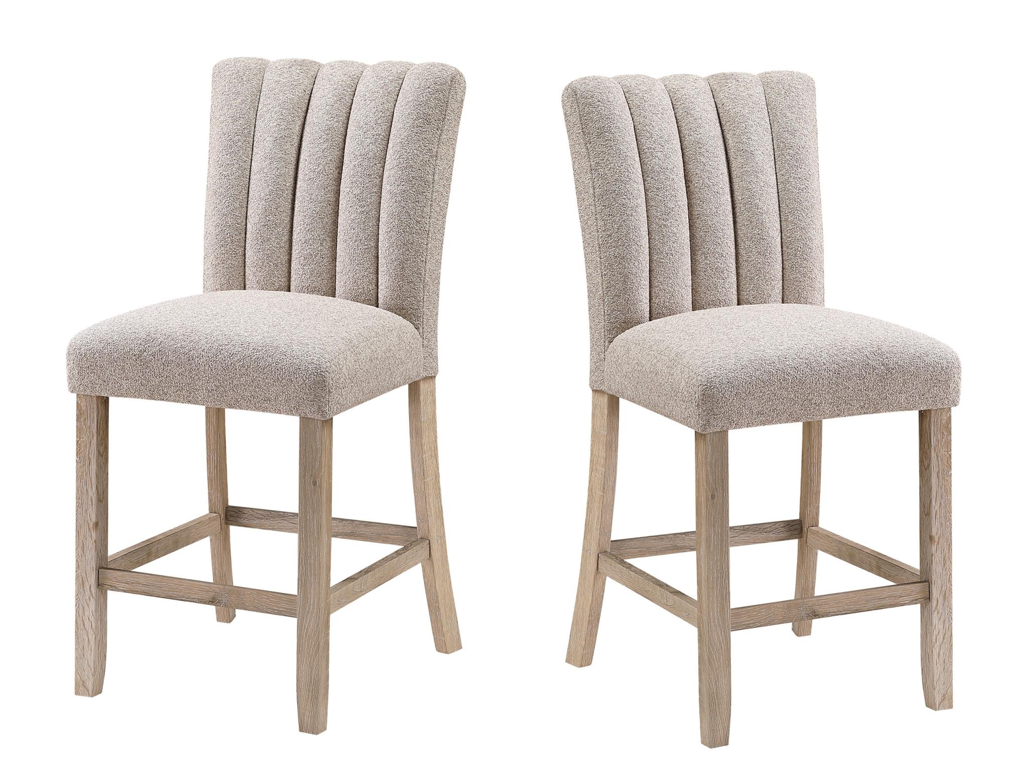 Set of Two 26" Beige and Natural Fabric and Wood Bar Height Bar Chairs