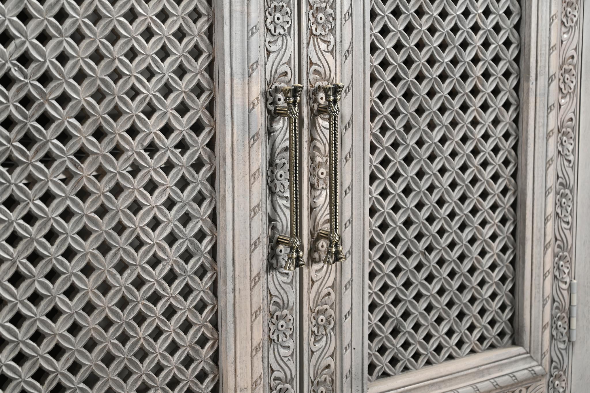 111" Gray Distressed Solid Wood Carved Floral Sideboard with Six Doors