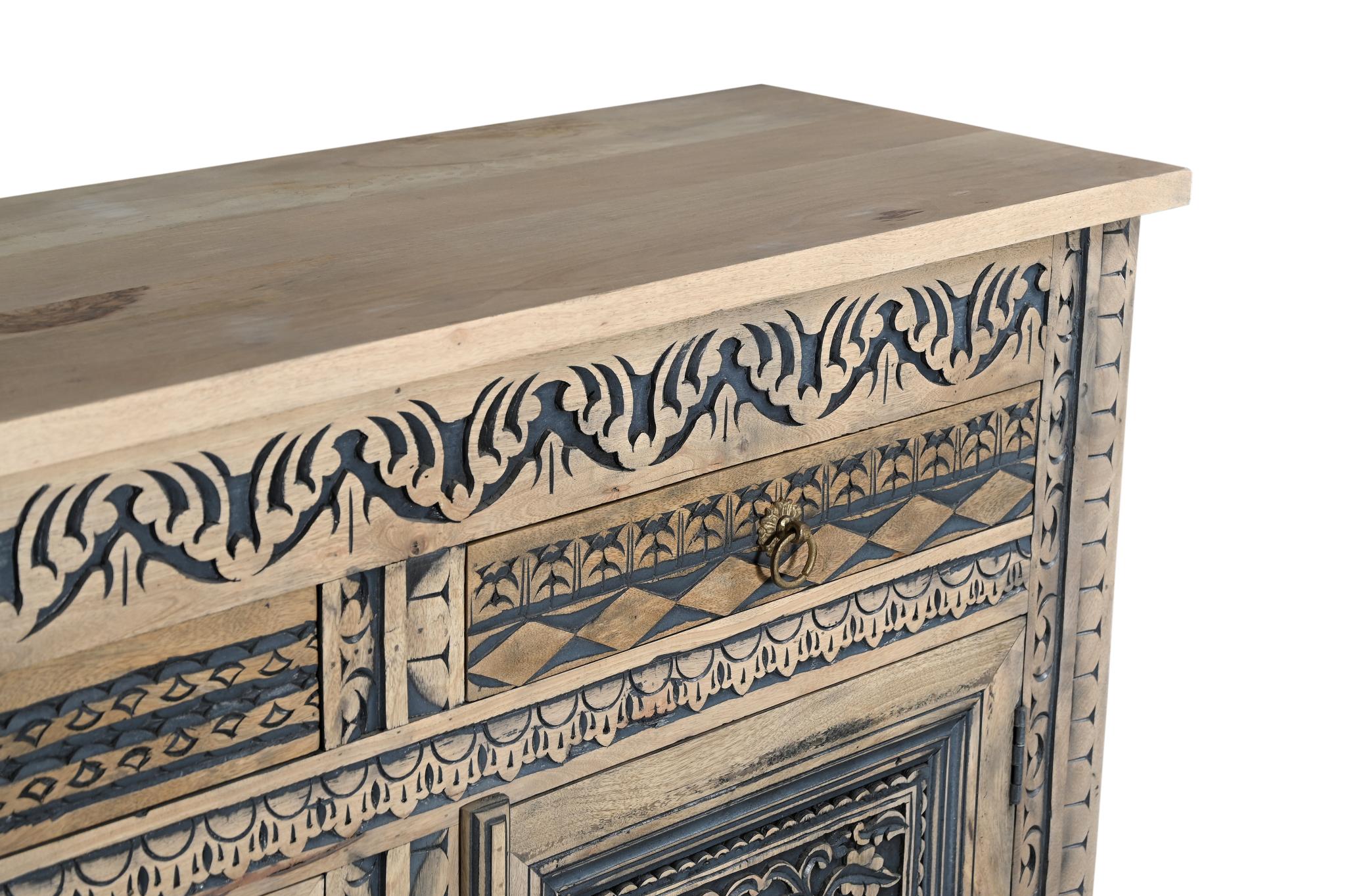 102" Natural And Black Distressed Solid Wood Carved Geometric Four Drawer Sideboard